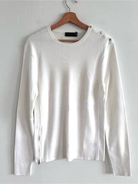 Ralph Lauren Black Label cream Knit Top Shoulder Snaps Side Zip Elbow Patch